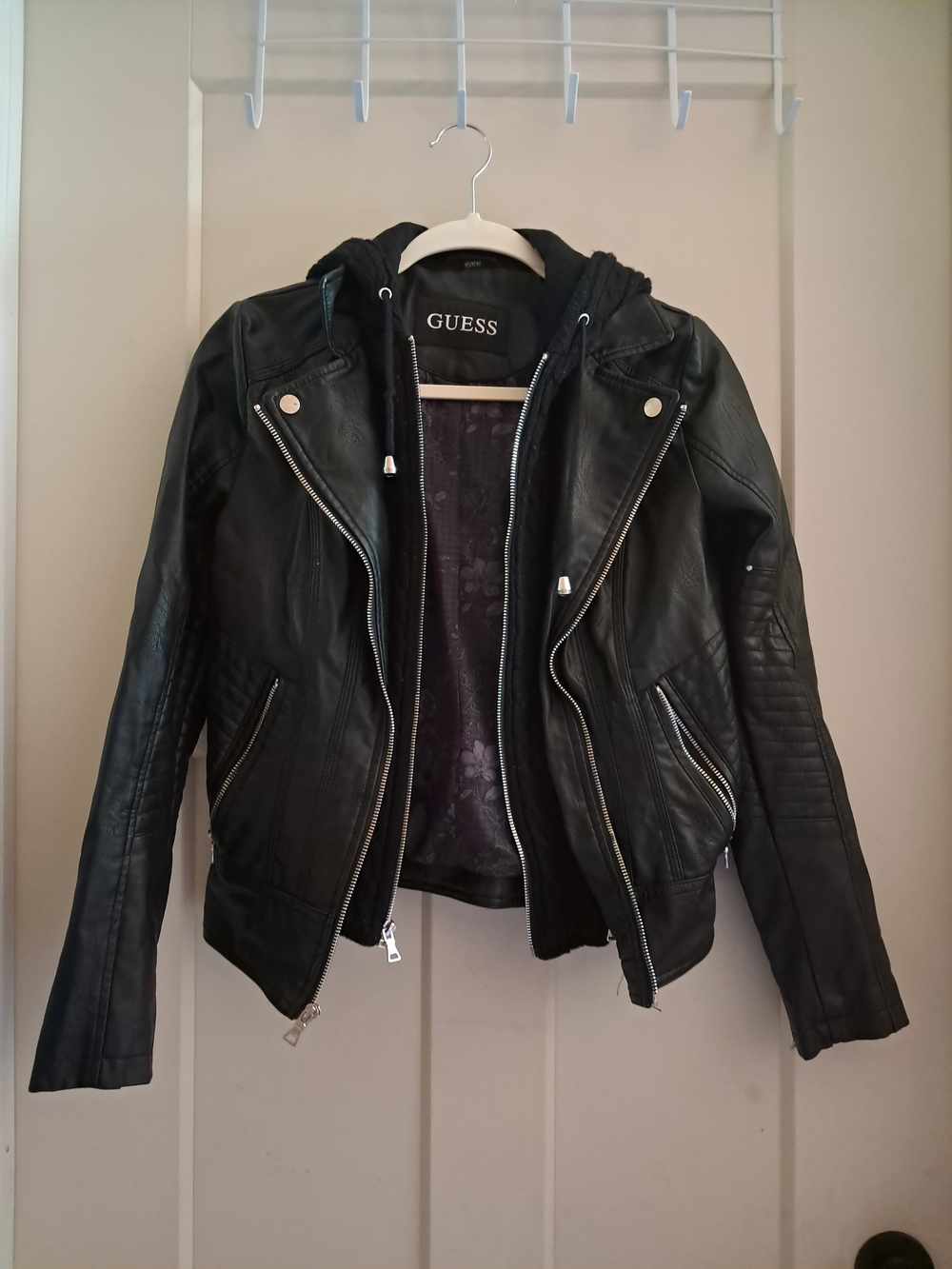 GUESS Black Faux Leather Hooded Moto Jacket